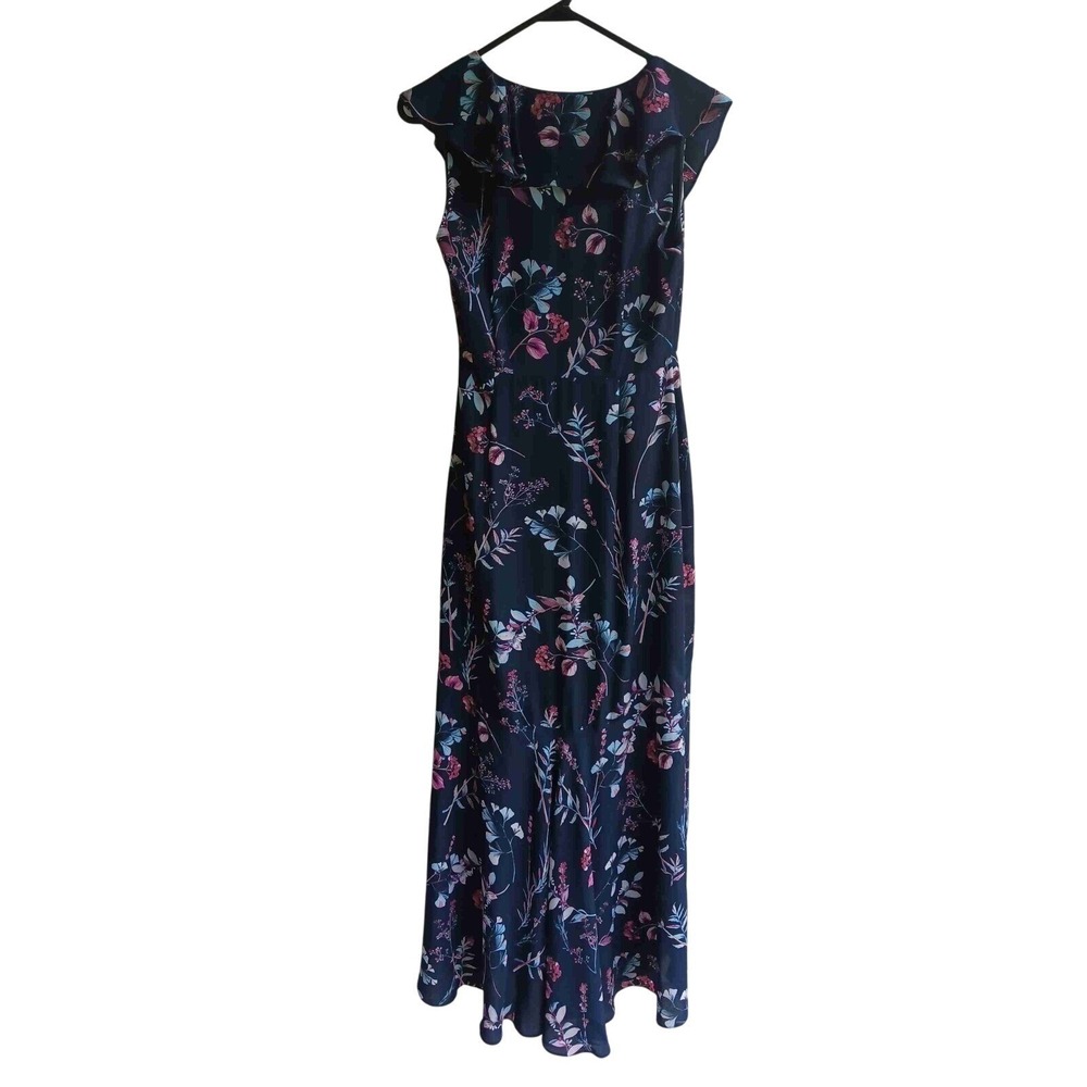 Banana Republic Womens Floral Maxi‎ Dress Size 0 Navy Ruffle Neck Sleeveless